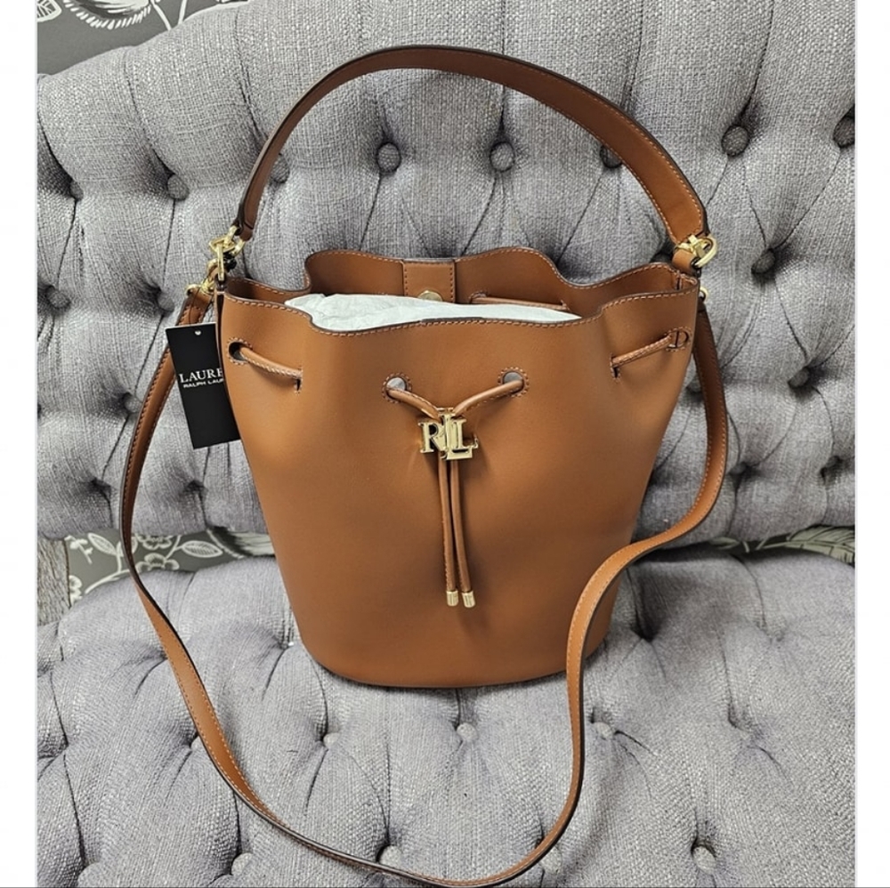 LAUREN RALPH LAURENAndie 25 Drawstring Large Lauren TanBucket Bag New